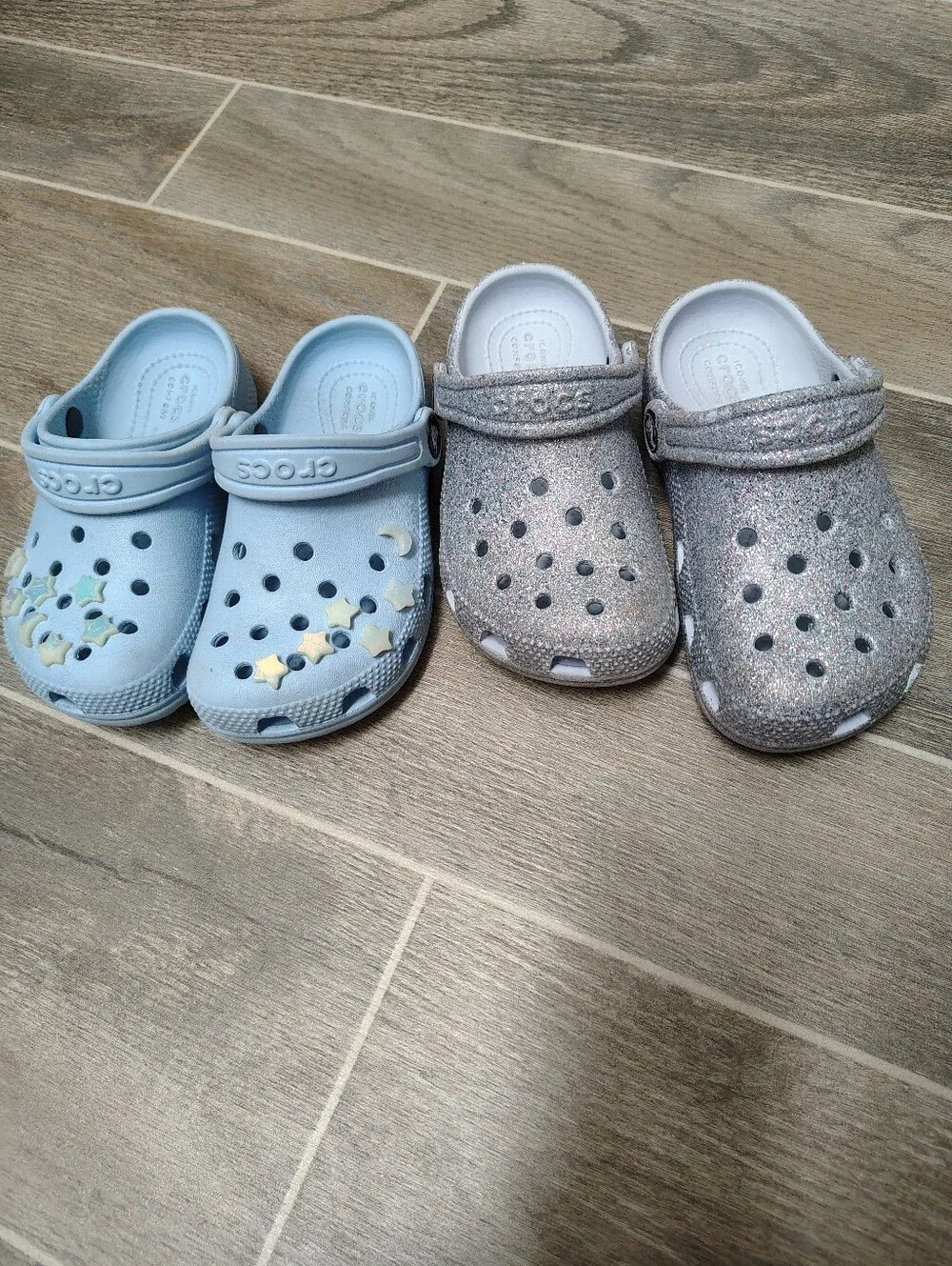 CROCS Kids Light Blue Clogs & Silver Glitter Clogs